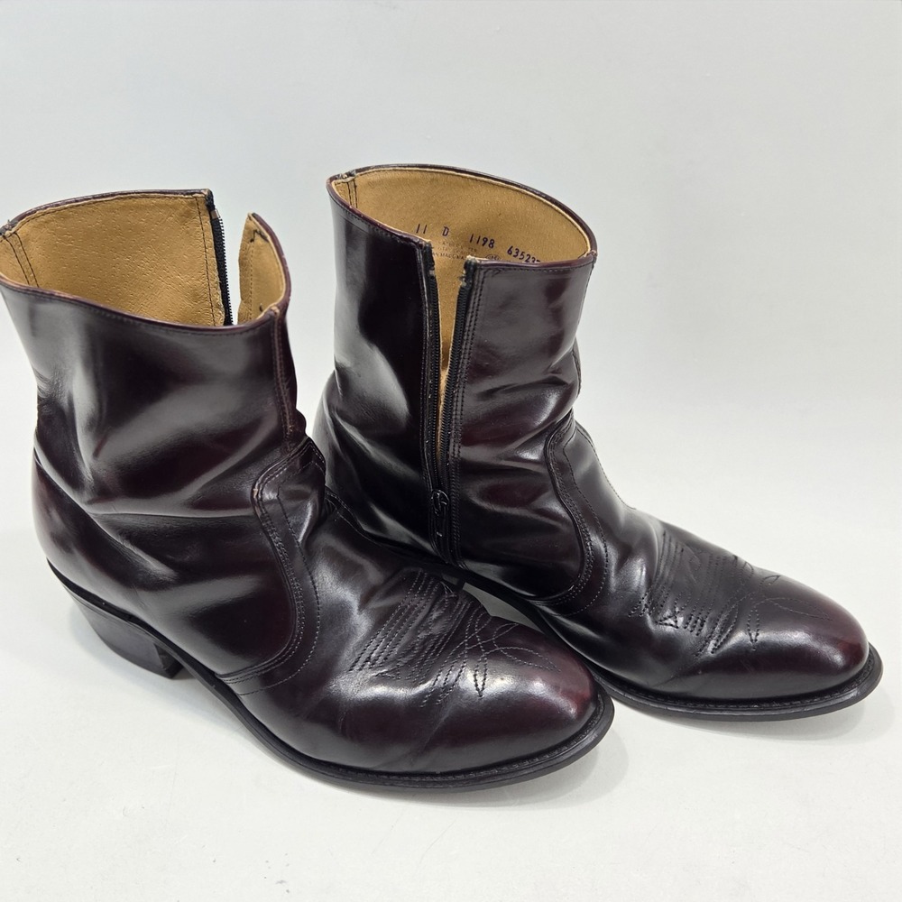 Vintage UFCW 1198 Union Leather Zip Up Western Ankle Boots Burgundy Mens 11 D - Picture 6 of 16